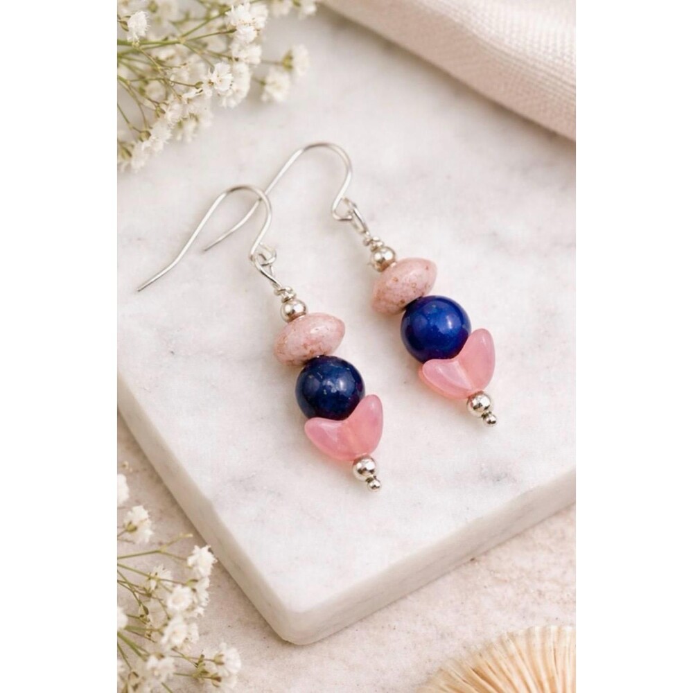 Handmade Vintage Sterling Silver Lapis Lazuli Rose Quartz Lotus Dangle Earrings‎